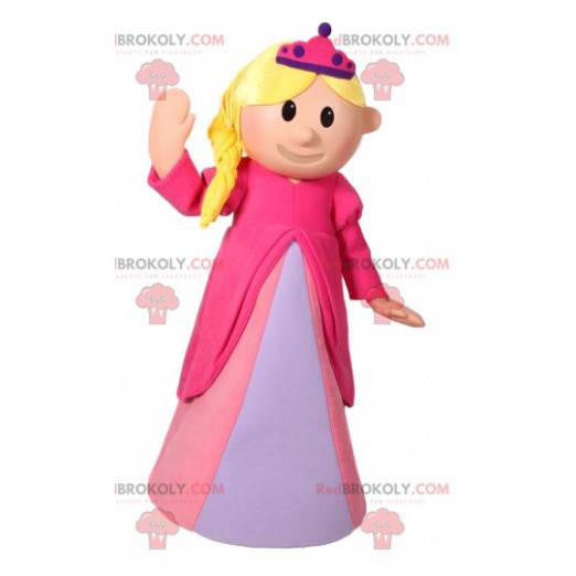 Prinsessmaskot med en vacker rosa klänning och hennes krona -