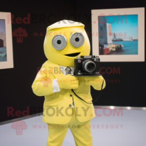 Lemon Yellow Camera mascot costume character dressed with a Dress Shirt and Pocket squares