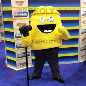 Lemon Yellow Camera mascot costume character dressed with a Dress Shirt and Pocket squares