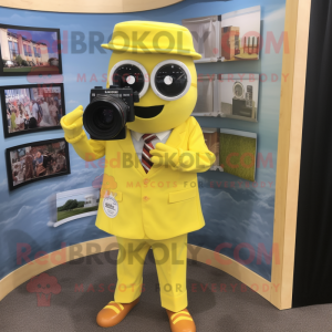 Lemon Yellow Camera mascot costume character dressed with a Dress Shirt and Pocket squares