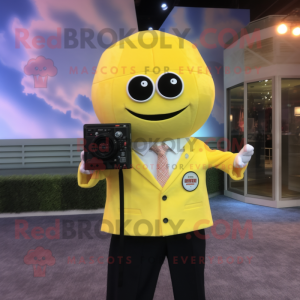 Lemon Yellow Camera mascot costume character dressed with a Dress Shirt and Pocket squares