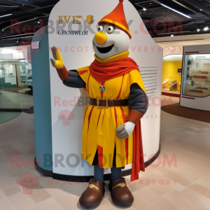 Olive Swiss Guard mascot costume character dressed with a Henley Shirt and Suspenders