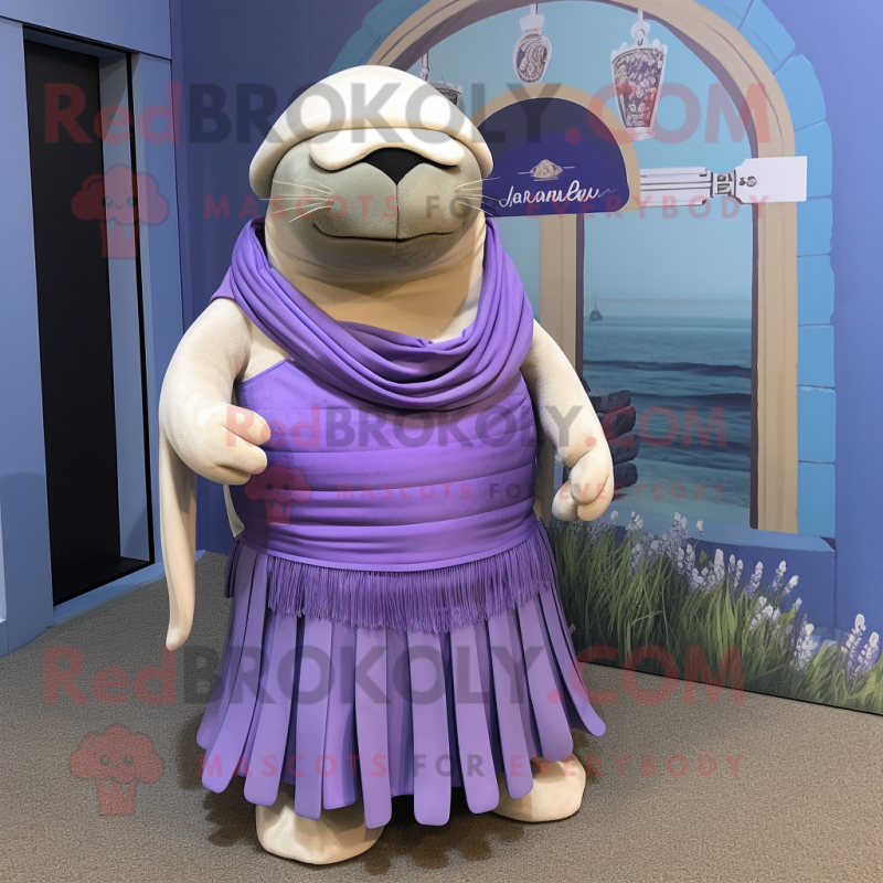 Lavender Walrus mascot costume character dressed with a Empire Waist Dress and Beanies