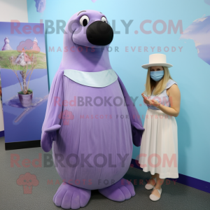 Lavender Walrus mascot costume character dressed with a Empire Waist Dress and Beanies