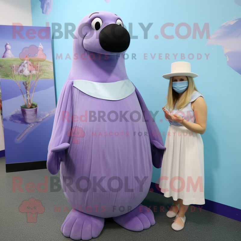 Lavender Walrus mascot costume character dressed with a Empire Waist Dress and Beanies Lavender Walrus mascot costume character dressed with a Empire Waist Dress and Beanies