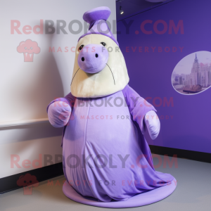 Lavender Walrus mascot costume character dressed with a Empire Waist Dress and Beanies