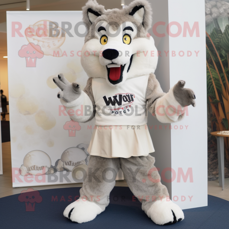 Cream Say Wolf mascot costume character dressed with a Capri Pants and Wraps