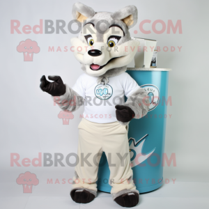 Cream Say Wolf mascot costume character dressed with a Capri Pants and Wraps