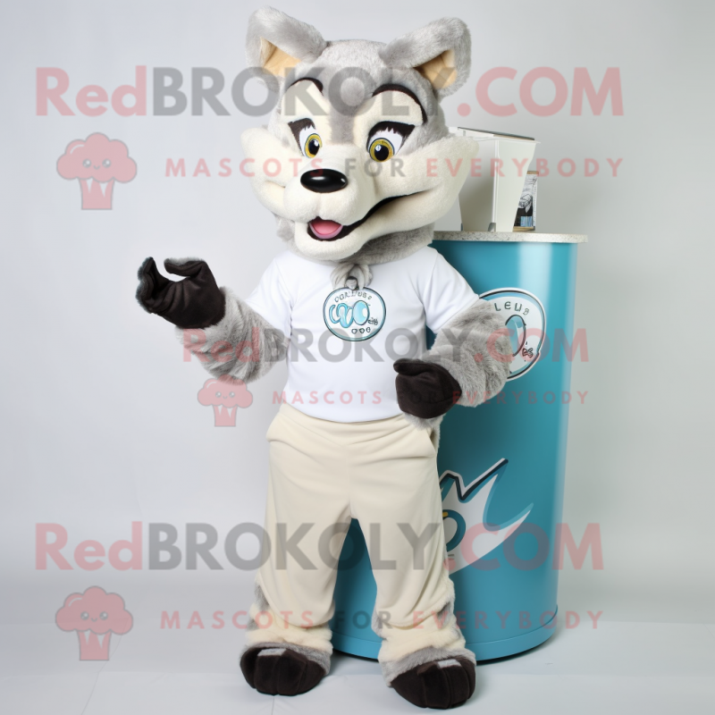Cream Say Wolf mascot costume character dressed with a Capri Pants and Wraps Cream Say Wolf mascot costume character dressed with a Capri Pants and Wraps