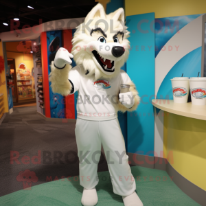 Cream Say Wolf mascot costume character dressed with a Capri Pants and Wraps