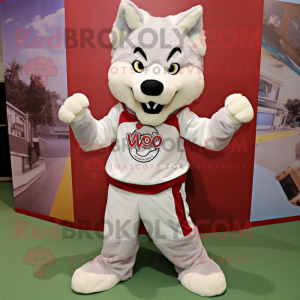 Cream Say Wolf mascot costume character dressed with a Capri Pants and Wraps