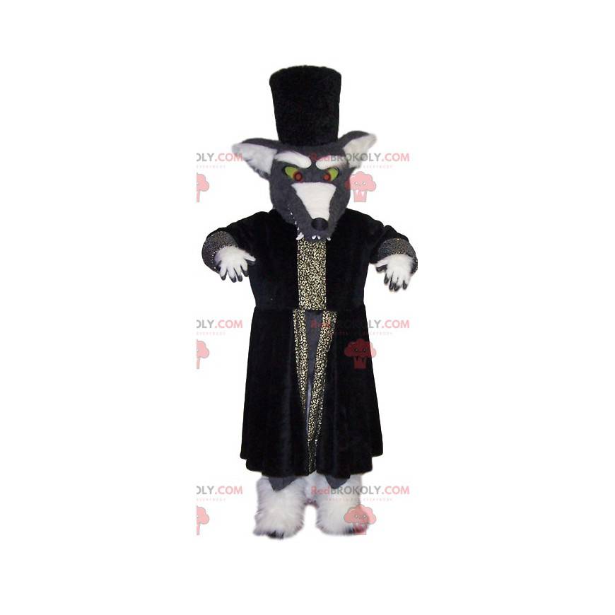 Šedý vlk maskot s velkým kabátem kouzelníka - Redbrokoly.com