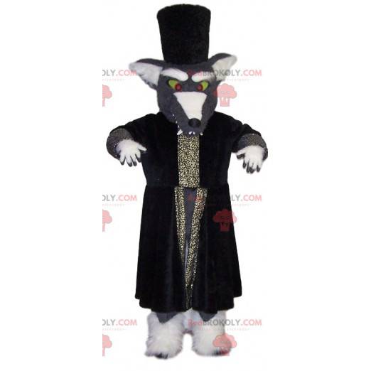 Šedý vlk maskot s velkým kabátem kouzelníka - Redbrokoly.com