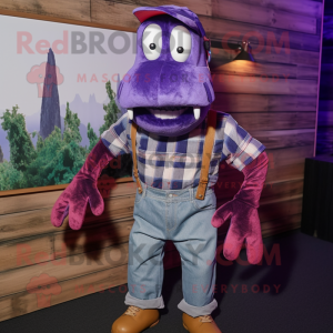 Purple Lobster mascot costume character dressed with a Flannel Shirt and Suspenders
