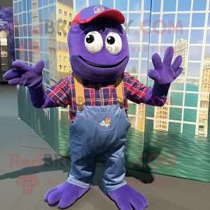 Purple Lobster mascot costume character dressed with a Flannel Shirt and Suspenders