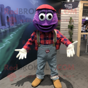 Purple Lobster mascot costume character dressed with a Flannel Shirt and Suspenders