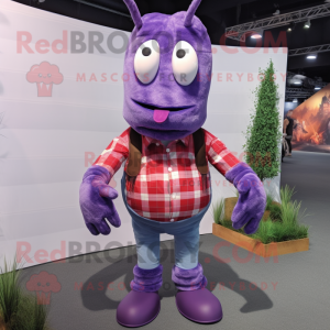 Purple Lobster mascot costume character dressed with a Flannel Shirt and Suspenders