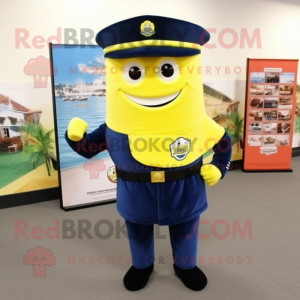 Navy Lemon mascot costume character dressed with a Bootcut Jeans and Rings