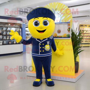 Navy Lemon mascot costume character dressed with a Bootcut Jeans and Rings