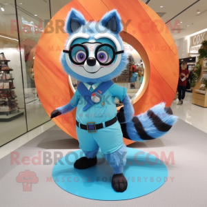 Sky Blue Raccoon mascot costume character dressed with a Circle Skirt and Eyeglasses