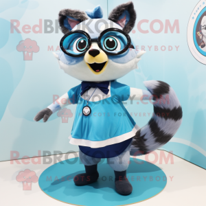 Sky Blue Raccoon mascot costume character dressed with a Circle Skirt and Eyeglasses