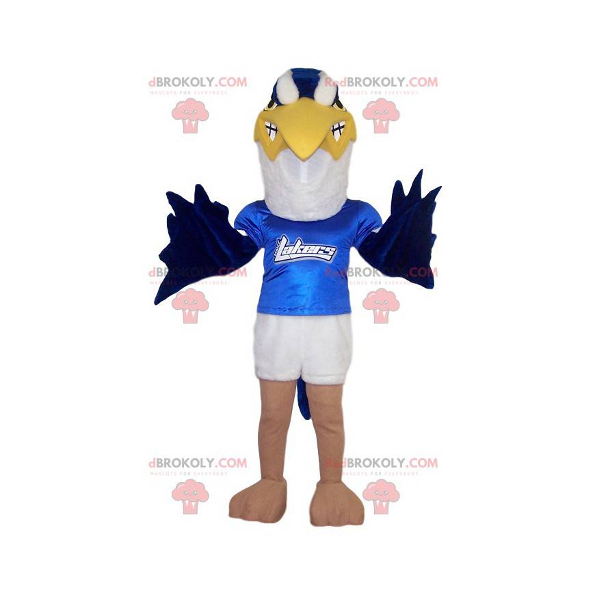 Mascotte d'aigle Royal blanc et bleu avec son maillot bleu -