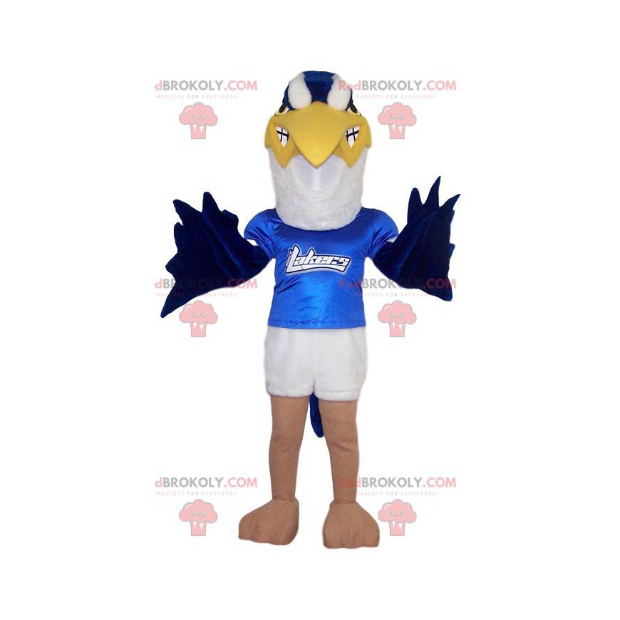 White and blue golden eagle mascot with his blue jersey -