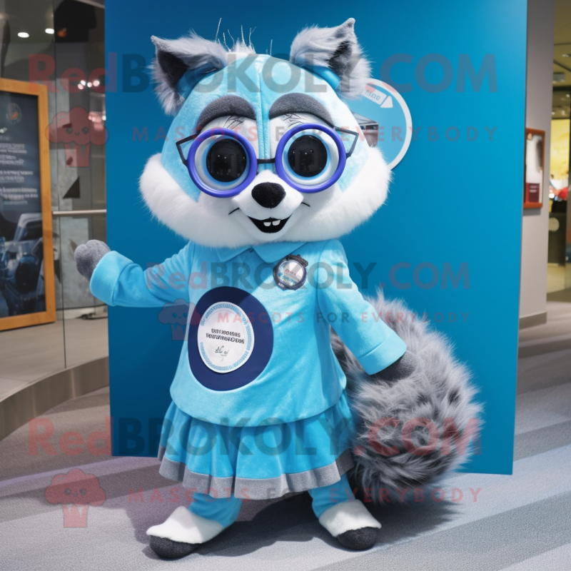 Sky Blue Raccoon mascot costume character dressed with a Circle Skirt and Eyeglasses