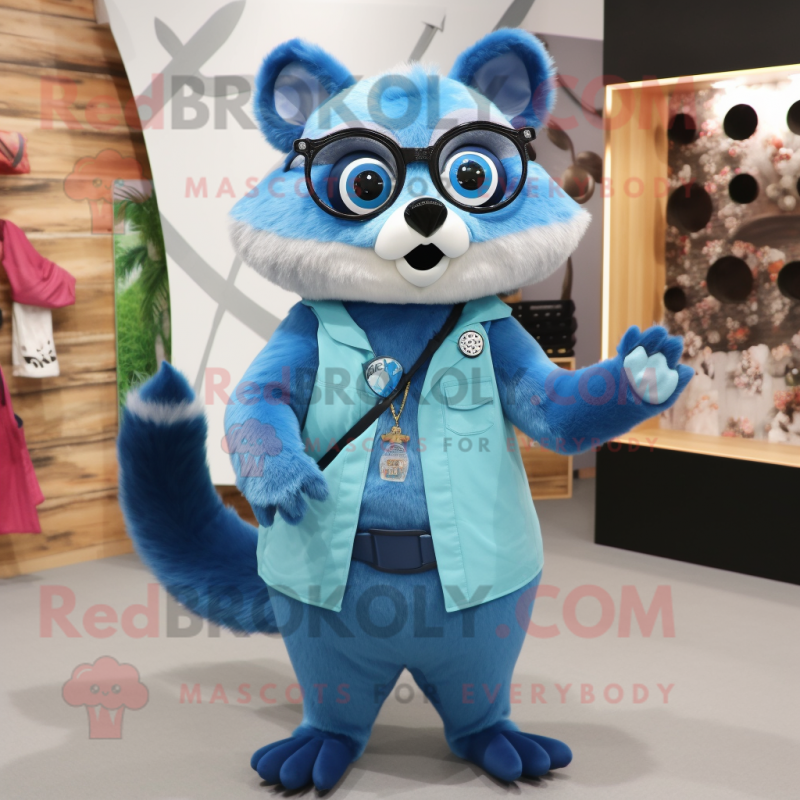 Sky Blue Raccoon mascot costume character dressed with a Circle Skirt and Eyeglasses