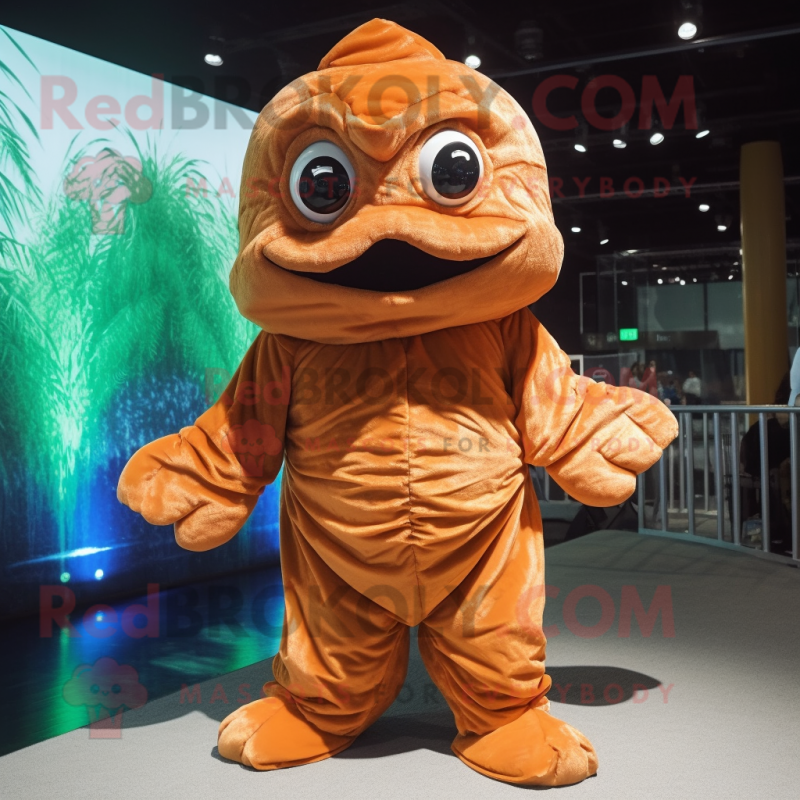 Brown Goldfish mascot costume character dressed with a Jumpsuit and Wraps