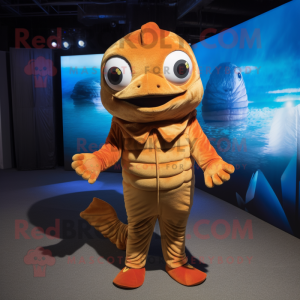 Brown Goldfish mascot costume character dressed with a Jumpsuit and Wraps