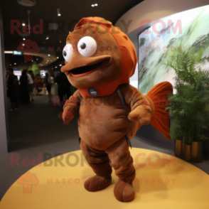 Brown Goldfish mascot costume character dressed with a Jumpsuit and Wraps