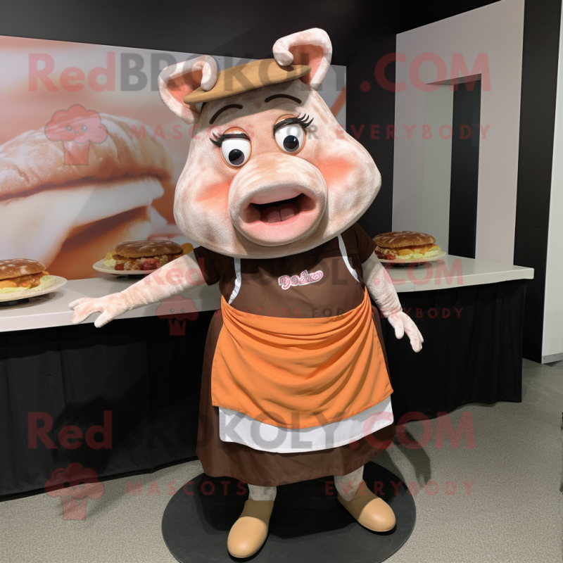 nan Pulled Pork Sandwich mascot costume character dressed with a Mini Skirt and Wraps nan Pulled Pork Sandwich mascot costume character dressed with a Mini Skirt and Wraps