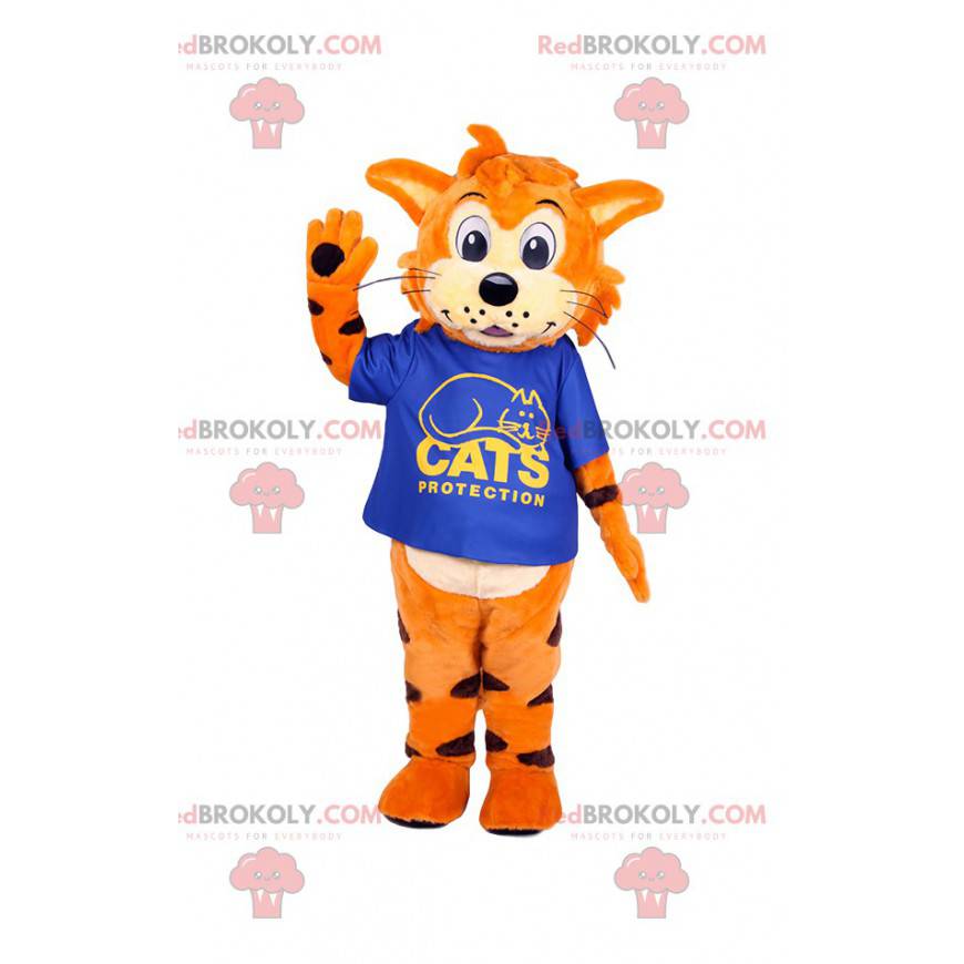 Mascote gato amigável com sua camisa azul royal - Redbrokoly.com