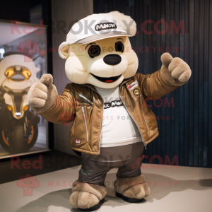 nan Beef Stroganoff mascot costume character dressed with a Moto Jacket and Beanies