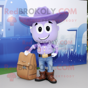 Lavender Cowboy mascot costume character dressed with a Tank Top and Clutch bags