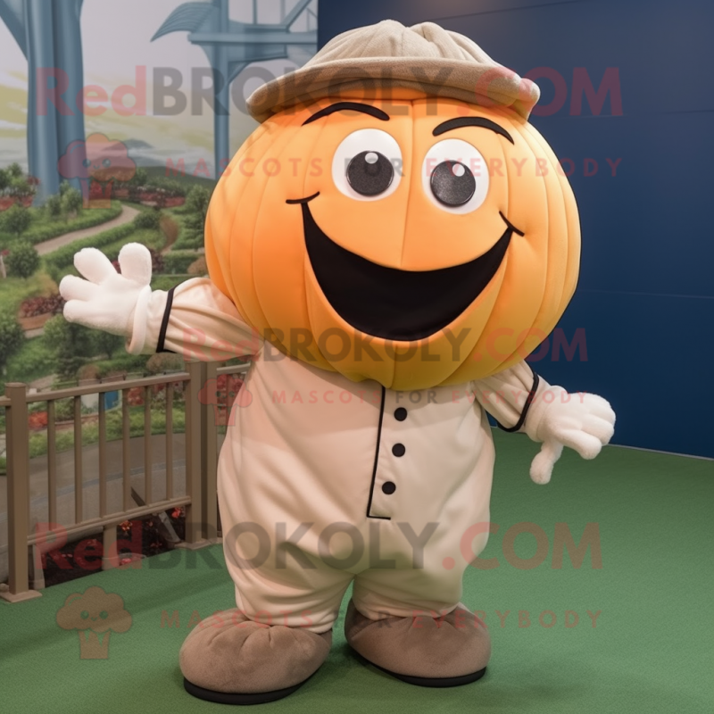 Tan Pumpkin mascot costume character dressed with a Baseball Tee and Wraps Tan Pumpkin mascot costume character dressed with a Baseball Tee and Wraps