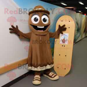 Brown Skateboard mascot costume character dressed with a A-Line Dress and Tie pins