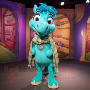 Turquoise Mare mascot costume character dressed with a Cardigan and Wraps