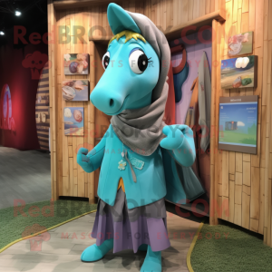 Turquoise Mare mascot costume character dressed with a Cardigan and Wraps
