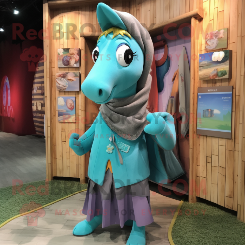 Turquoise Mare mascot costume character dressed with a Cardigan and Wraps Turquoise Mare mascot costume character dressed with a Cardigan and Wraps