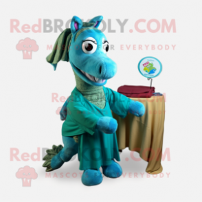 Turquoise Mare mascot costume character dressed with a Cardigan and Wraps
