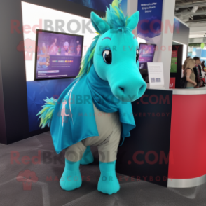 Turquoise Mare mascot costume character dressed with a Cardigan and Wraps