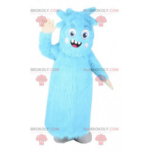 Mascot klein blauw monster met een origineel kapsel -