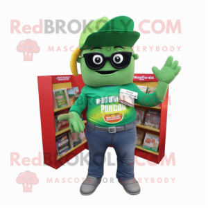 Green Tacos mascot costume character dressed with a Jumpsuit and Reading glasses