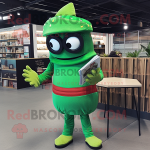 Green Tacos mascot costume character dressed with a Jumpsuit and Reading glasses