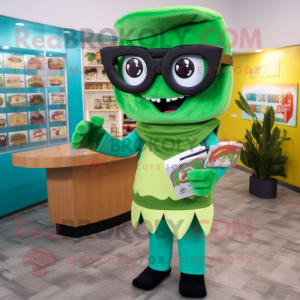 Green Tacos mascot costume character dressed with a Jumpsuit and Reading glasses