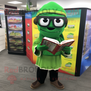 Green Tacos mascot costume character dressed with a Jumpsuit and Reading glasses