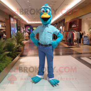 Turquoise Swan mascot costume character dressed with a Jeans and Pocket squares