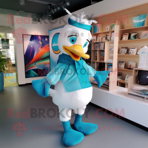 Turquoise Swan mascot costume character dressed with a Jeans and Pocket squares